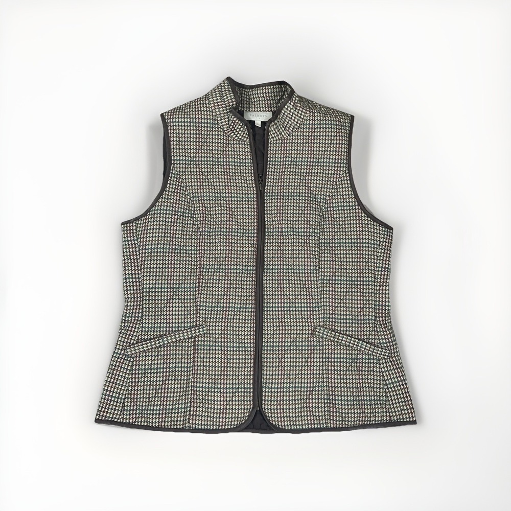 Talbots Vest Womens Petite L Brown Houndstooth Quilted Zip Faux Leather